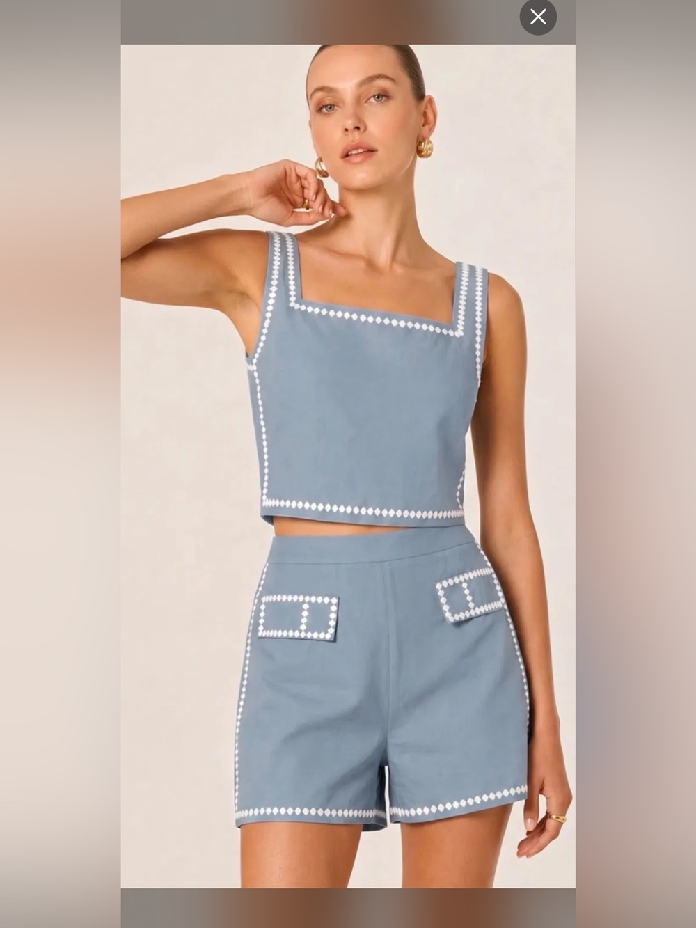 Commense SQUARE NECK EMBROIDERED TOP SHORT SET